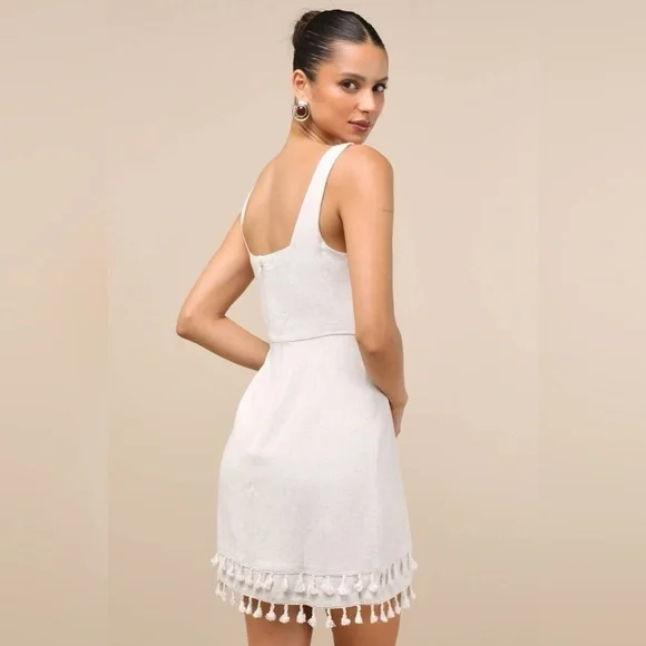 NEW Lulus Feel the Sunshine Light Beige Linen Tassel Mini Dress SZ SMALL - Picture 3 of 7